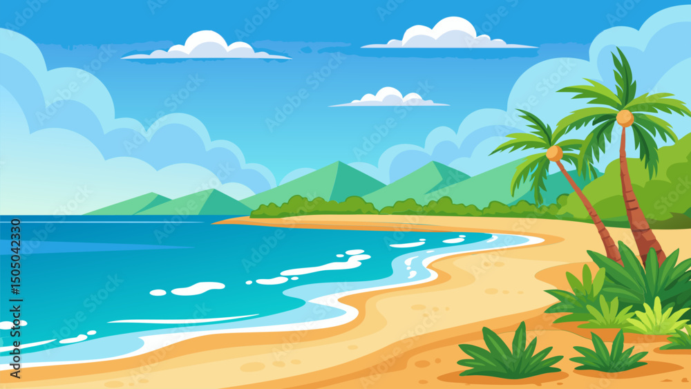 Obraz premium Serene Tropical Beach Landscape. Palm Trees. Ocean. and Sandy Shores