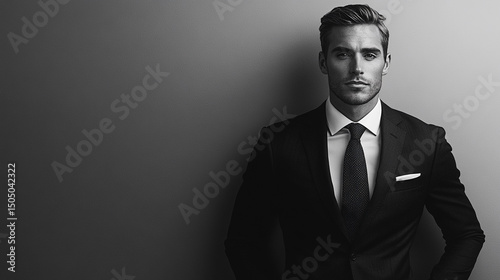 Portrait of a man in a suit with a tie and pocket square against a gray background in black and white