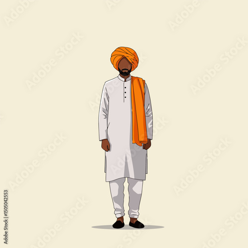 Standing Man Wearing Traditional Indian Clothing with Orange Turban and Shawl