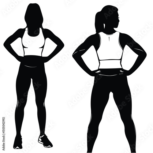 Female athletic silhouette in athletic wear, standing confidently with hands on hips. Sporty figure in a fitness setting. Professional athlete in a fitness studio -
