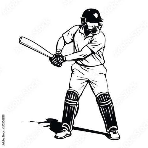 Male cricket player in protective gear batting in a cricket match. Dynamic action shot with a white background. Professional athlete engaged in a cricket match. Outdoor sport.