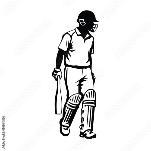 A male cricketer in protective gear, holding a bat, positioned in a stance, on a plain white background. Professional cricket player in protective gear, standing ready for a match.