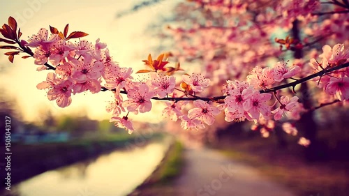 Gentle pink blossoms adorn a dark branch, set against a soft background of a path alongside a canal in the golden light