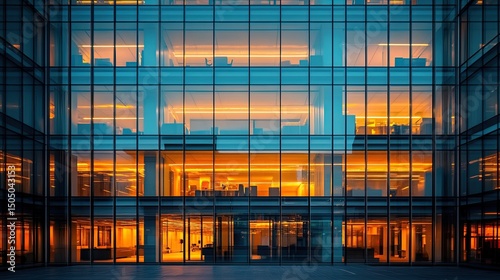A modern glass building with illuminated interior and a grid pattern of windows at night time