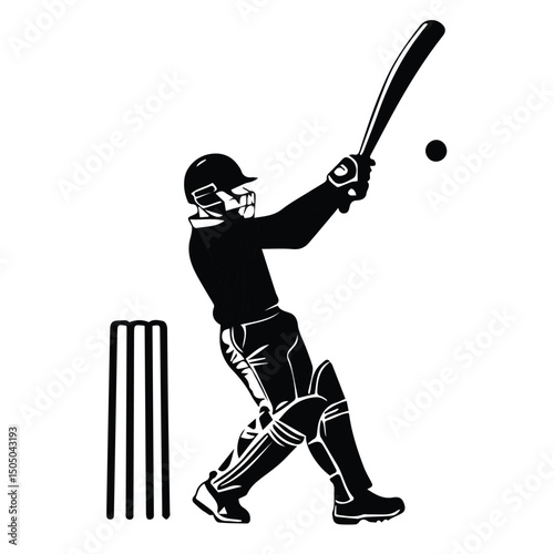 Young male cricketer in protective gear batting at the cricket wickets. Dynamic action shot against a plain white background. Teenage cricketer in action at a cricket ground -