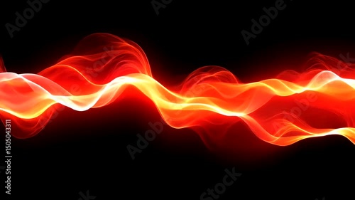 Dynamic abstract art presents glowing, flowing energy bands, predominantly red and gold, set against a stark, dark background