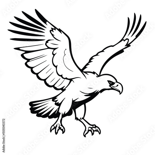 Majestic eagle in flight with outstretched wings, a powerful symbol of freedom and strength. Black and white design suitable for logos and other graphic design elements.