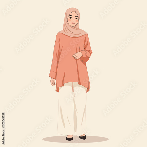 Woman Wearing Modest Clothing and Hijab Standing in Simple Illustration