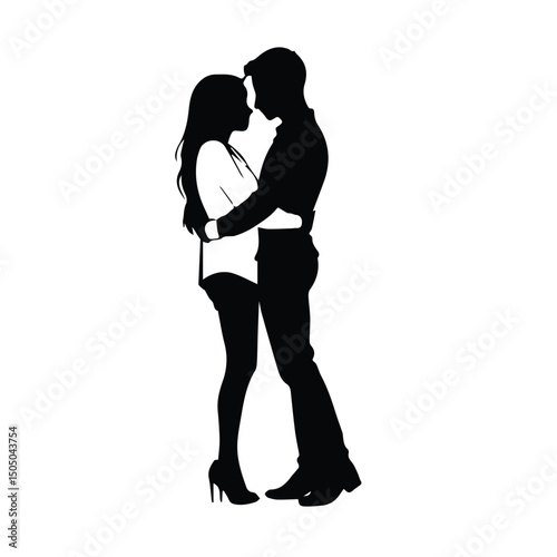 Young couple embracing in loving embrace against a plain background. Silhouette of affectionate couple in casual wear. Romantic couple in casual wear. common location.