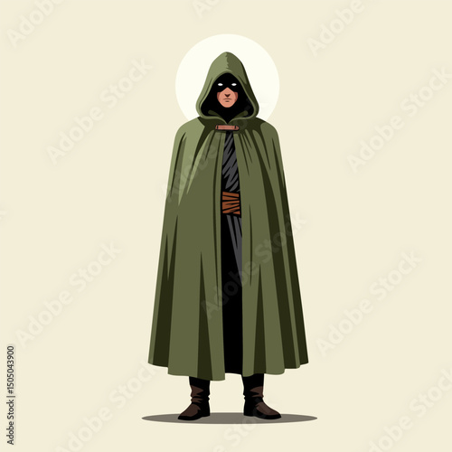 Character Standing Wearing Hooded Cloak in Mysterious Style Illustration