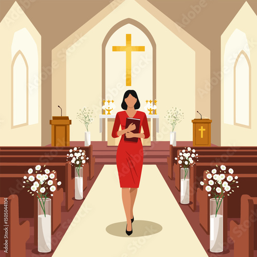 Woman Walking Down Aisle Inside Church Holding Book Calmly