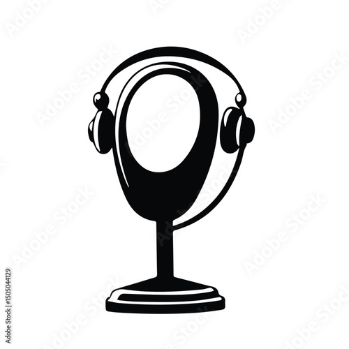 Vintage microphone with headphones on stand in a black and white graphic design. Silhouette of a microphone with headphones attached, on a stylized stand, for media use.