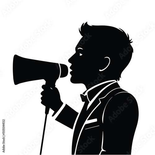 Young man in formal wear speaking into a megaphone at an event. Profile view of a male speaker in a tuxedo at an outdoor gathering. Public speaker at a conference -