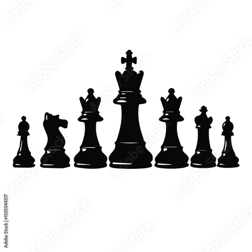 Chess pieces silhouette in a strategic formation on a plain background. A collection of chess pieces in a classic lineup, ready for competition.