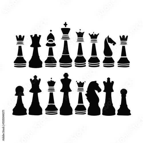 Chess pieces silhouette set on a white background. Full chess set displayed in a classic arrangement for board game strategy. Generic – educational or hobbyist use.