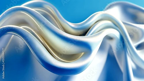 Abstract flowing shapes of metallic material on a blue backdrop, reflecting light with soft curves, showcasing subtle textures