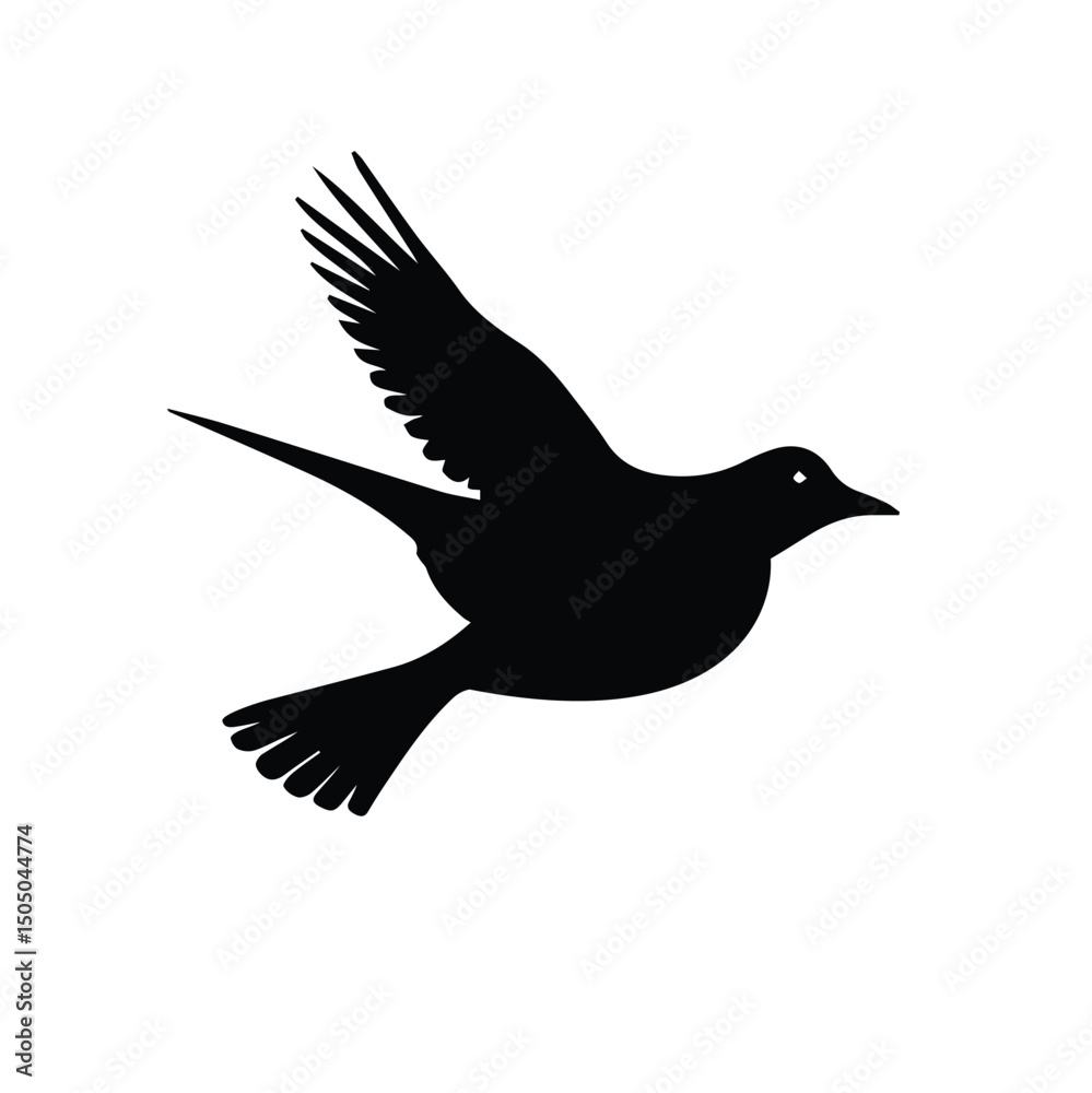 Fototapeta premium Bird silhouette in flight against a plain background. Bird in motion with wings spread wide, against a plain backdrop. Generic bird silhouette, no specific location -