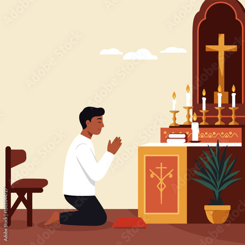 Man Kneeling and Praying by Altar with Candles and Cross Indoors
