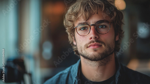 Close up portrait of a young man with curly hair and glasses looking directly at the camera indoors