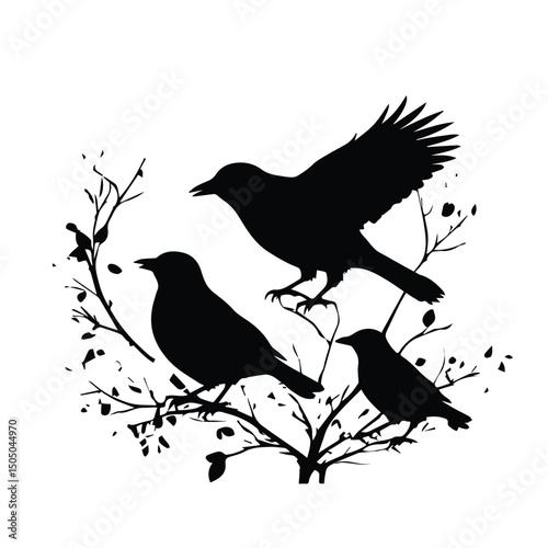 Black silhouettes of birds perched on a tree branch against a white background. Three birds in various poses, a depiction of nature and wildlife.