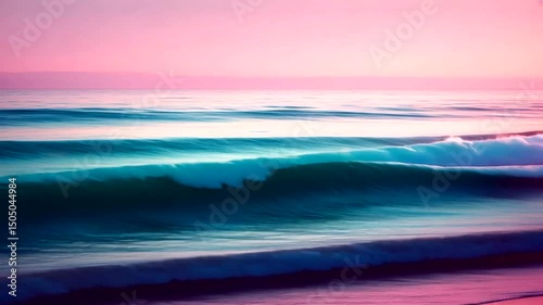 A tranquil ocean scene presents gentle waves under a soft pink sky, exuding a sense of peace and harmony in nature's embrace