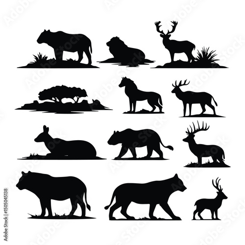 African wildlife silhouette illustrations of various animals in a landscape setting. Silhouette images of lions, tigers, deer, and other animals in a grassland scene.
