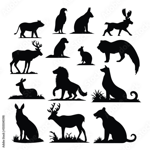 Silhouette collection of various wild animals in a grassland setting. Collection of diverse animals in profile poses with a neutral background.