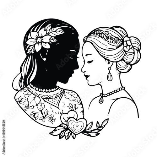 Two diverse women in elegant, ornate clothing, facing each other in a loving pose, with floral and heart details. Couple portrait in a vintage-inspired style.