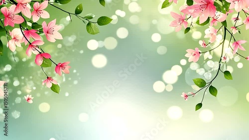 Blossoming pink floral elements overlay a soft, light green bokeh background