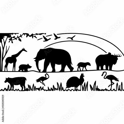 Wild animal silhouettes collection: vector illustrations of elephant, bear, deer, giraffe, and other wildlife icons