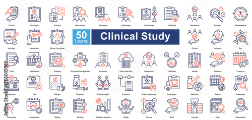 Clinical Study icon set in dual tone style, featuring 50 icons on clinical trials, research protocols, data analysis, and patient monitoring. Ideal for medical research, healthcare, and pharmaceuti