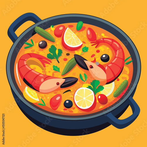Delicious paella in a pan.