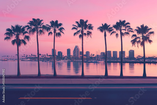 San diego skyline palm trees sunset cityscape
