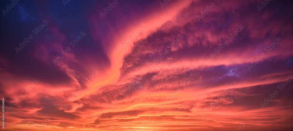 Fototapeta premium Purple red and blue vivid sunset sky with sweeping cloud lines at golden hour, dramatic backdrop for travel mood nature and weather visuals