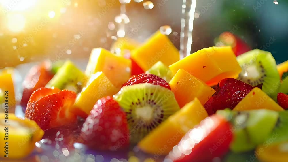 Fresh fruit salad glistening under pouring water and warm light