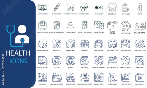 Set of healthcare line icons. 30+ Diagnosis, technology, app vector, doctor icons etc.