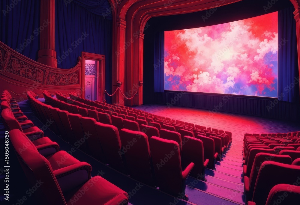 Fototapeta premium Empty cinema seats in a vibrant theater with a colorful screen display