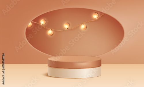 Glowing string light bulbs illuminating brown cylinder podium - warm golden spherical orbs connected by delicate wires shining over platform. Elegant pastel background with soft lighting effect.