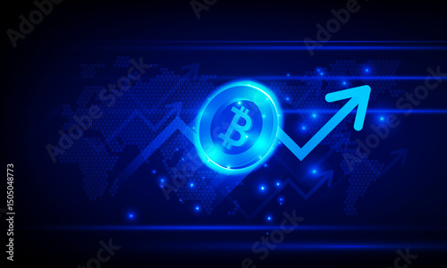 Financial chart with moving up arrow graph bitcoin cryptocurrency technology and world map in stock market on blue color background concept innovation background, vector design