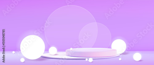 Glowing white spheres around purple circular podium stages - soft illuminated orbs on pastel gradient background. Minimalist 3d composition of elegant abstract geometric shapes for dreamy design.
