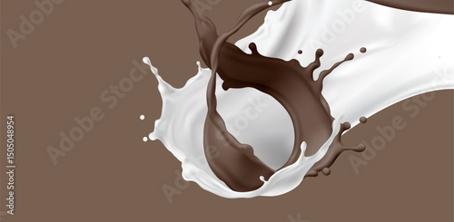 Chocolate and milk splash swirl - creamy white liquid and dark brown cocoa streams colliding and twisting together. Abstract dairy product and choco confectionery mixing. 3d delicious dessert.