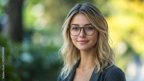 Portrait of a young woman with blonde hair and glasses smiling in an outdoor setting with green bokeh