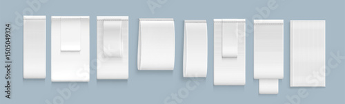 Set of blank beige clothing labels and tags mockup templates isolated on white background. Vertical folded and flat empty fabric ribbons and textile badges. 3d vector for garment logo branding.