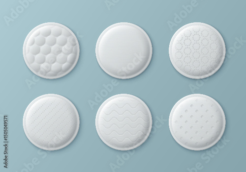 Set of realistic cotton pads with various textures - single round discs. 3d soft sponge with embossed surface. Essential cosmetic accessories for makeup removal, skincare routine mockup.