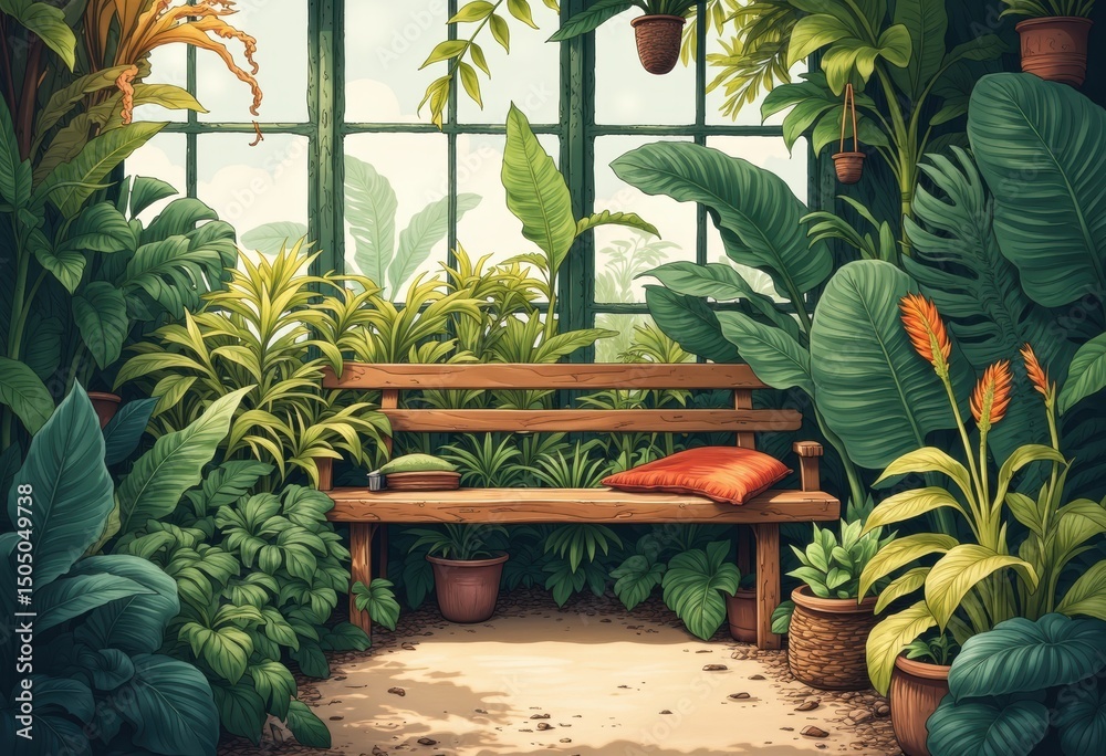 Fototapeta premium Lush tropical plants thriving in a serene greenhouse setting