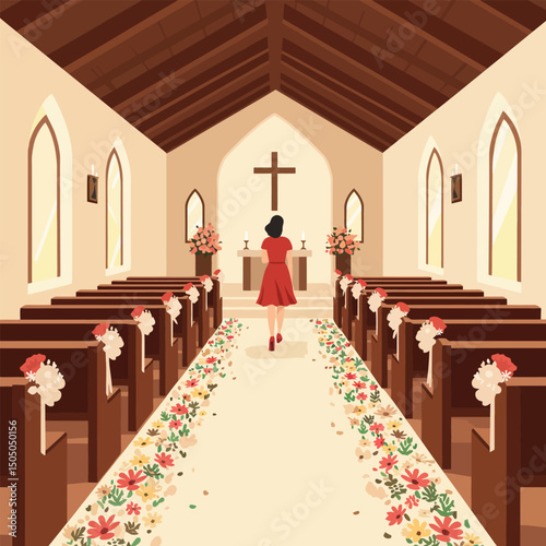 Woman Walking Down Aisle in Church for Event with Floral Decorations