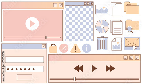 Retro style user interface elements - video player window, music control buttons, icons and symbols, progress bars. Old school, vintage flat vector design kit for 90s inspired website, software mockup