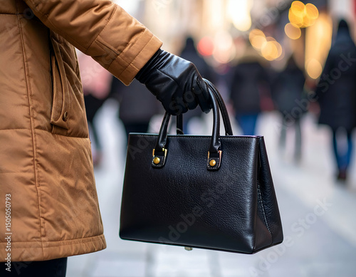 A woman walking alone with a bag carelessly in public photo