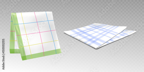 Set of checkered kitchen towels, cloth napkins with colour check pattern. Folded square textile dishcloths with crossing color lines, tea towels mockup isolated on white background.