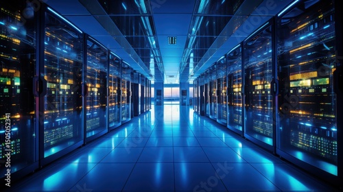 The data center features rows of illuminated servers and high-tech equipment reflecting on the polished floor in a contemporary setting  emphasizing operational efficiency at night.